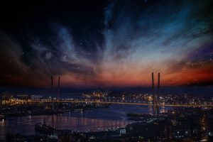 City landscape at night with sky with stars and nebula. светлинно замърсяване